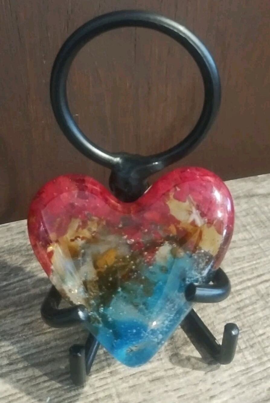 Heart Fused Art Glass Desk Metal Stand Small Gift Teacher Coworker Multicolor
